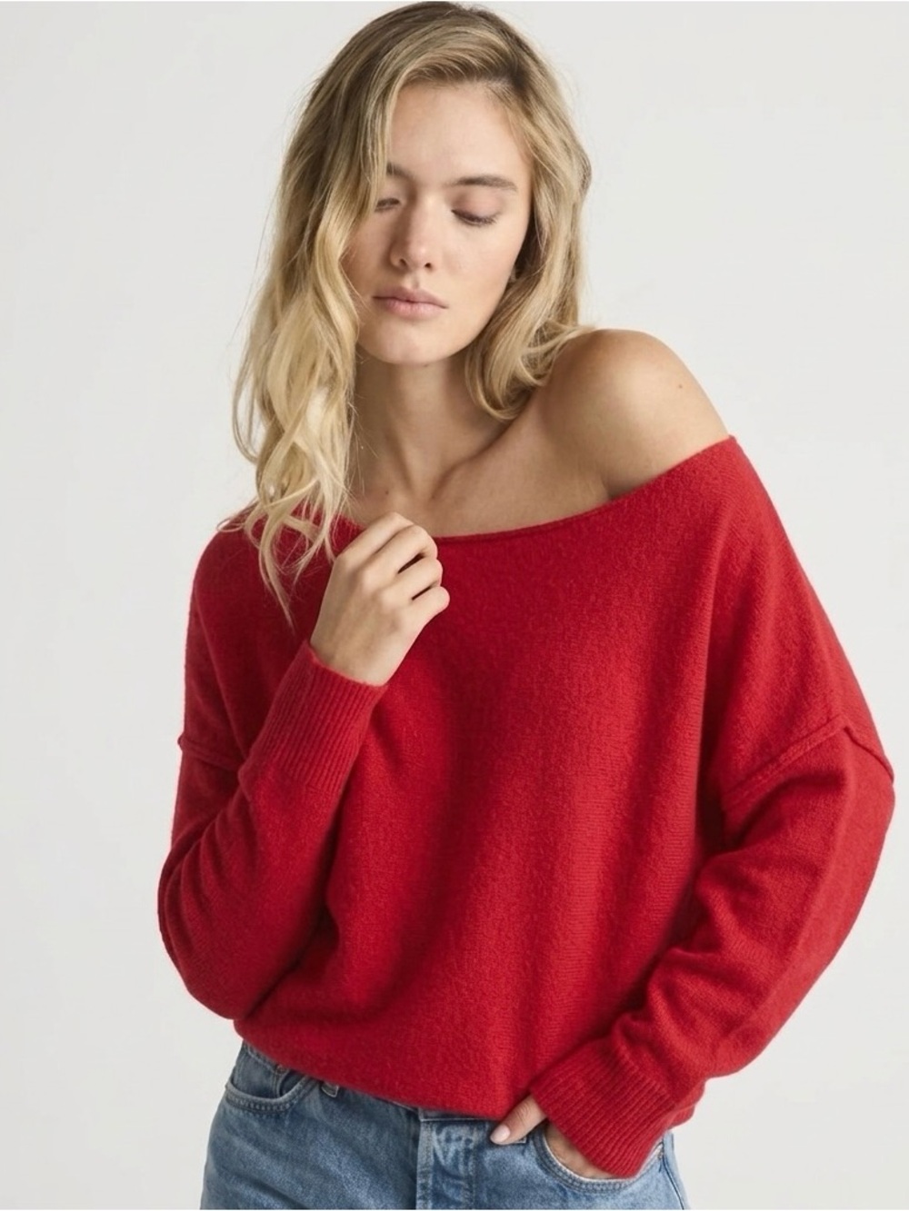Evereve Jessie Off Shoulder Pullover Sweater Red Lightweight Soft Cozy XS